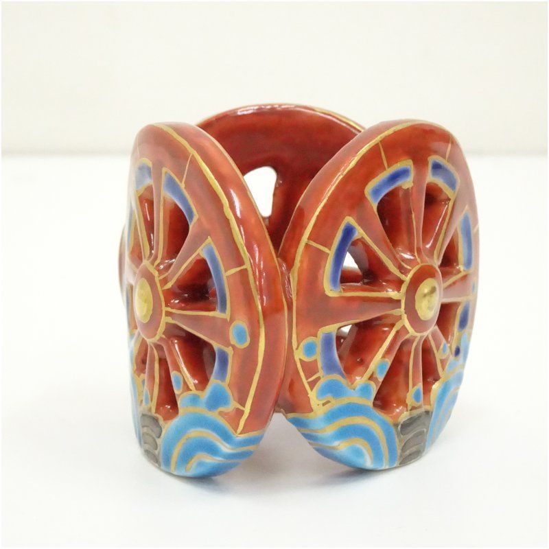 3464026: 京焼 高野昭阿弥造 色絵源氏車蓋置 京焼 高野昭