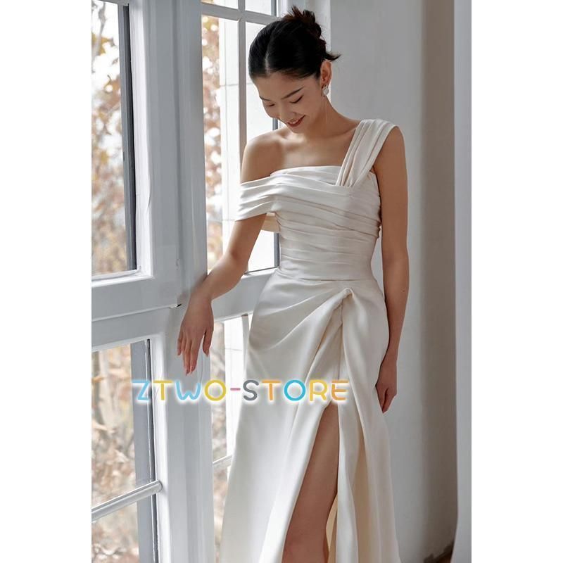 ワンショルダー ウェディングドレス 大きいサイズ 3L 4L 小さいサイズ ウェディングドレス 二次会 シンプル オフショルダー セクシー 前撮WPまとめ買い割引