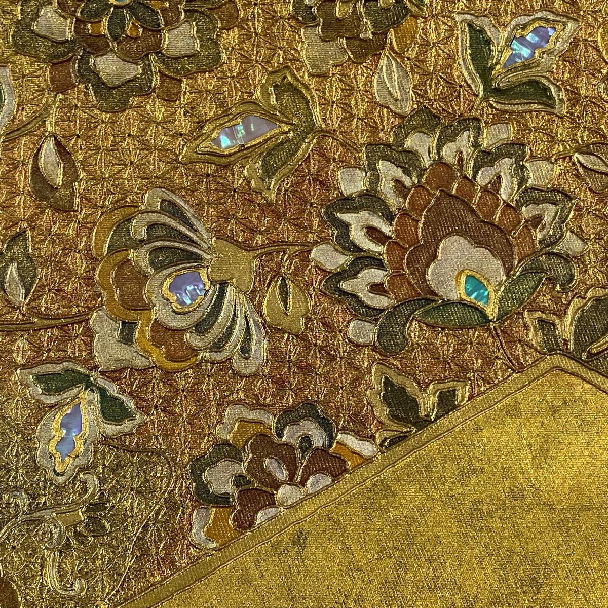 袋帯 草花 螺鈿 金彩 金色 お太鼓柄 正絹