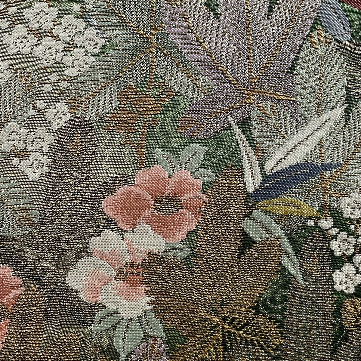 袋帯 美品 秀品 耐えがたい 華文 草花 刺繍 箔 薄緑 六通 正絹 【中古】