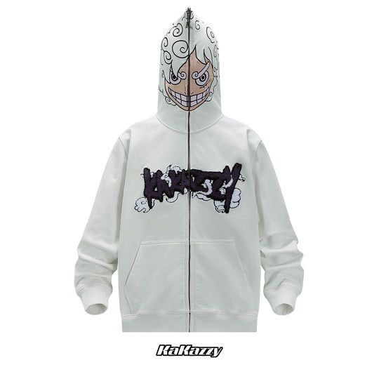 ◆Kakazzy◆フルジップ パーカー ホワイト 送料込 KaKazzy】ルフィ ギア5 フルジップ パーカー 男女着用可 ユニ