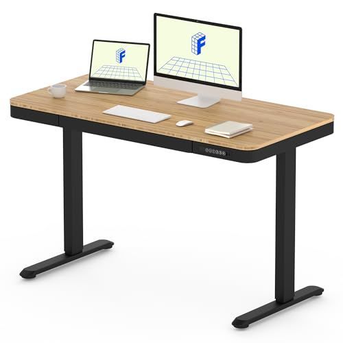 木製天板 メモリー機能付き 在宅ワーク パソコンデスク 高さ調整 USB充電付き 幅120×奥行60cm EG8 スタンディングデスク 脚部 黒 ＋天板 竹柄 引き出し付き 昇降デスク FLEXISPOT
