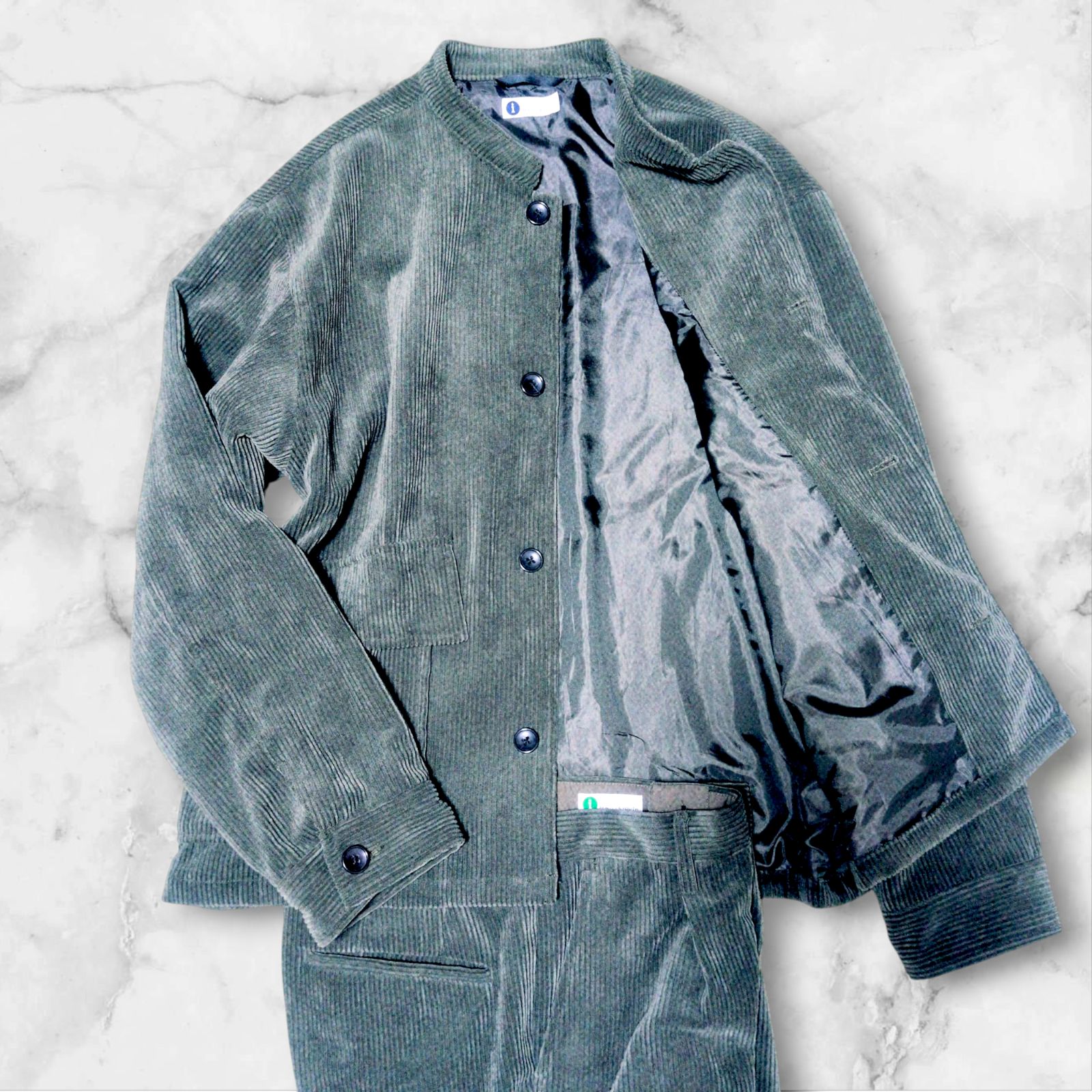 Lサイズ BEAUTY-YOUTH UNITED ARROWS ビューティー＆ユース ユナイテッドアローズ マオ コーデュロイ セットアップ ジャケット パンツ 太畝 ストレッチ グリーン系 ポリエステル混 メンズ 秋冬 上品