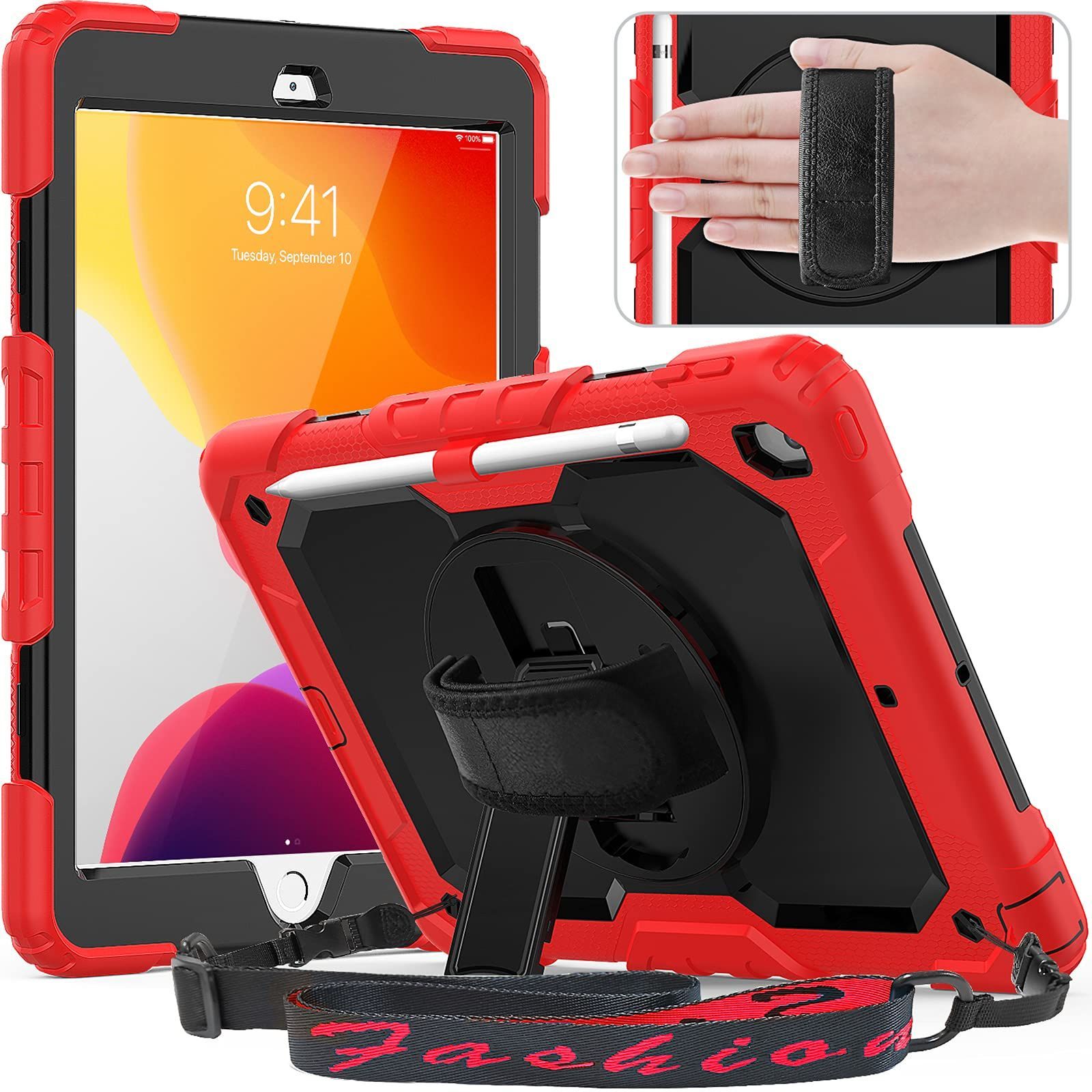 ブラック+レッド Timecity iPad 10.2 ケース (iPad 第9世代/第8世代/第7世代 ケース 2021/2020/2019新型) 保護シール内蔵 360度回転の折り畳スタンド 肩紐 ハンドストラップ付き ペン収納 頑丈 丈夫 ゴツイ