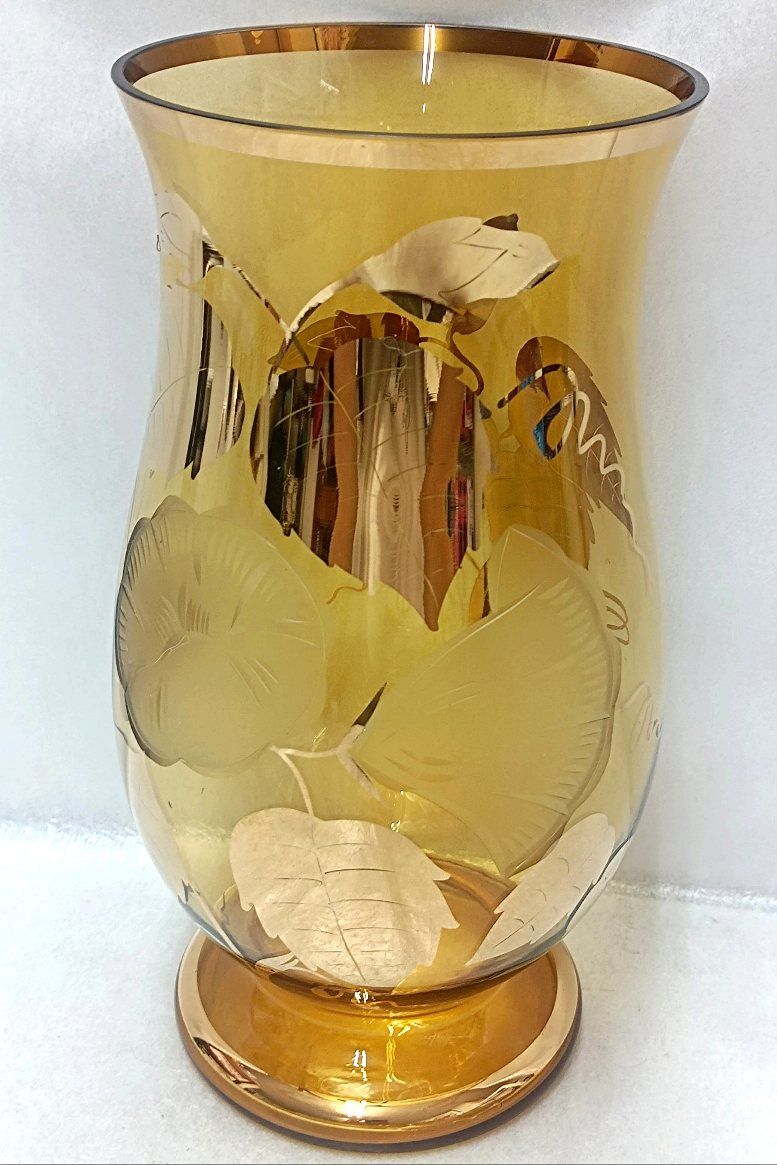 BOHEMIA ボヘミア ボヘミアグラス 金彩花紋 アンバー 花瓶 箱あり