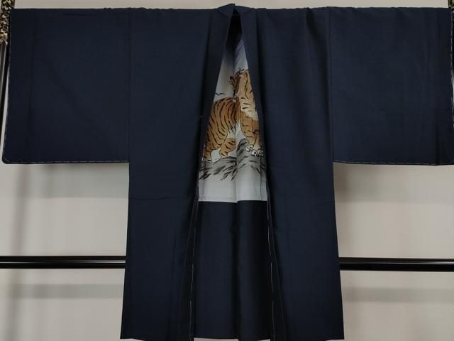 平和屋本店□極上 男性 紬 アンサンブル 色無地 紺青色 羽裏・虎 逸品