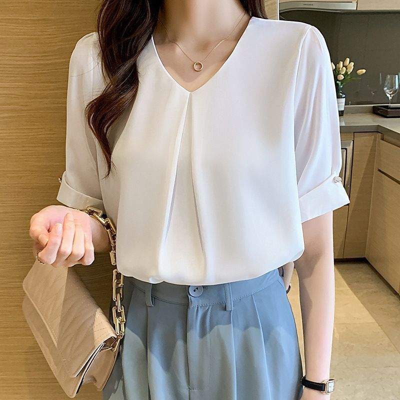 ブラウス 半袖 レディース tシャツ vネック オフィス 夏 ゆったり シフォン 無地 おしゃれ 大きいサイズ着痩せ 通勤 通学 カジュアル お出かけ HzW4186