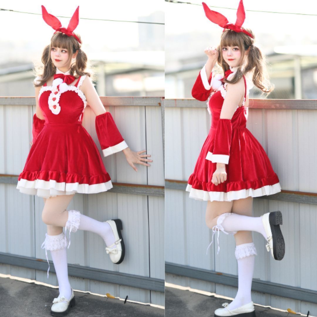 韓国 セット サンタクロース ワンピース バニーガール コスプレ バニーガール 衣装 赤 ロリータ ウサ耳 クリスマス