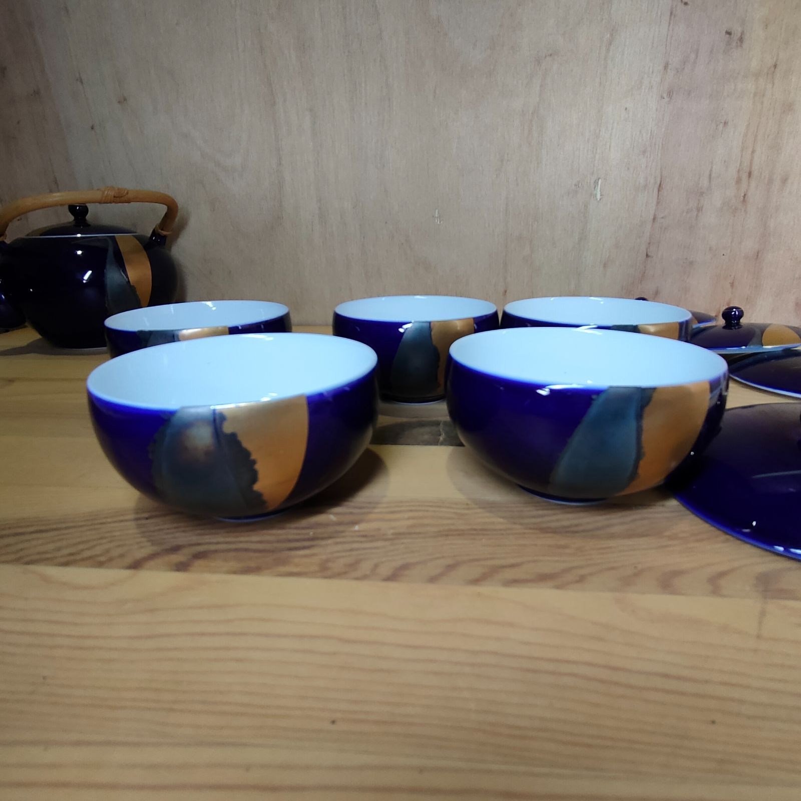 1971 深川製磁 金彩 茶器セット 急須1客 湯呑5客 美品】深川製磁 急須 湯呑 5客セット 蓋付 瑠璃色 鶴 ツル 金彩