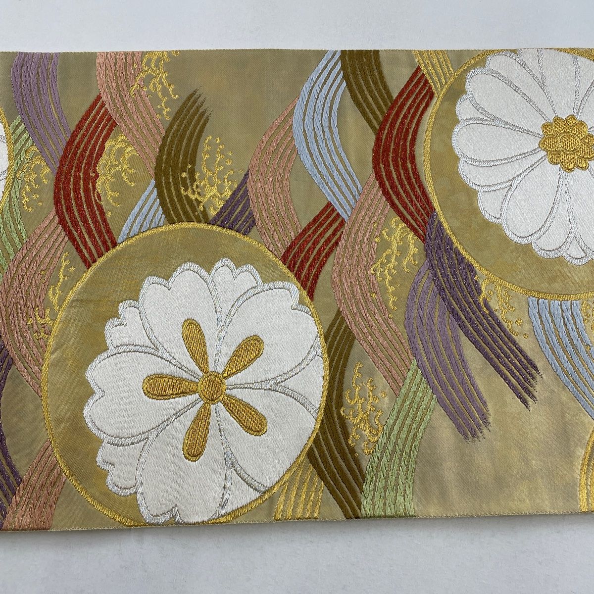 袋帯 秀品 関西仕立て 菊 波 金銀糸 箔 金色 六通 正絹 【中古