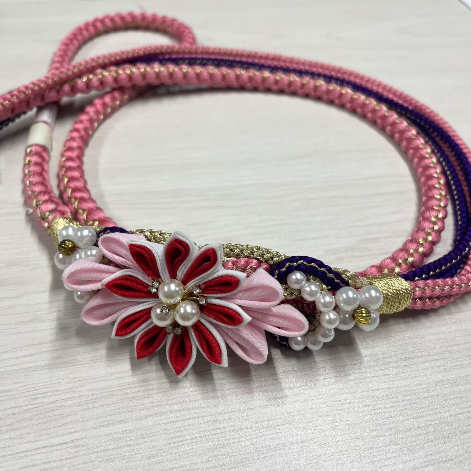 ♥品 帯締め フォーマル 組紐 くみひも 丸組 絹 振袖 成人式 卒業式 ピンク 紫 金 花飾り MP1
