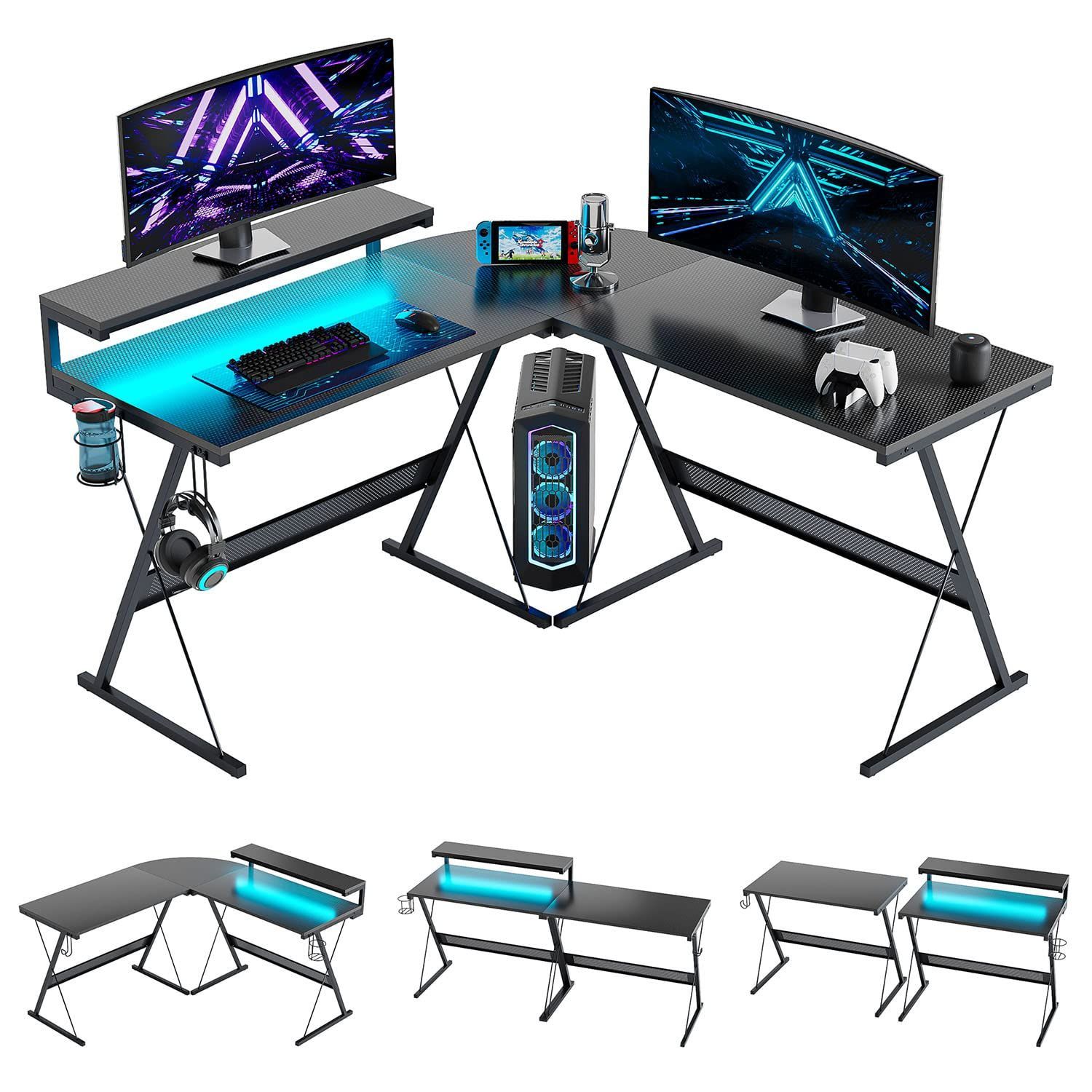 人気商品パソコンデスク pcデスク LED付き モニター台付き コーナーデスク l字デスク幅140cm*奥行き140cm オフィスデスク ゲーミングデスク テレワーク HOME デスク DOMY ブラック