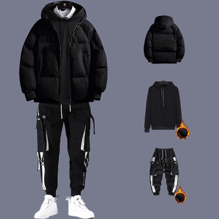 フード付き 厚手 防寒ウエア キルティング 秋冬 上下 セットアップ 長ズボン 冬服 カーゴパンツ 裏起毛 中綿ジャケット 3点セット！中綿パーカー 上下セット ダウン風 キルト スポーツウェ