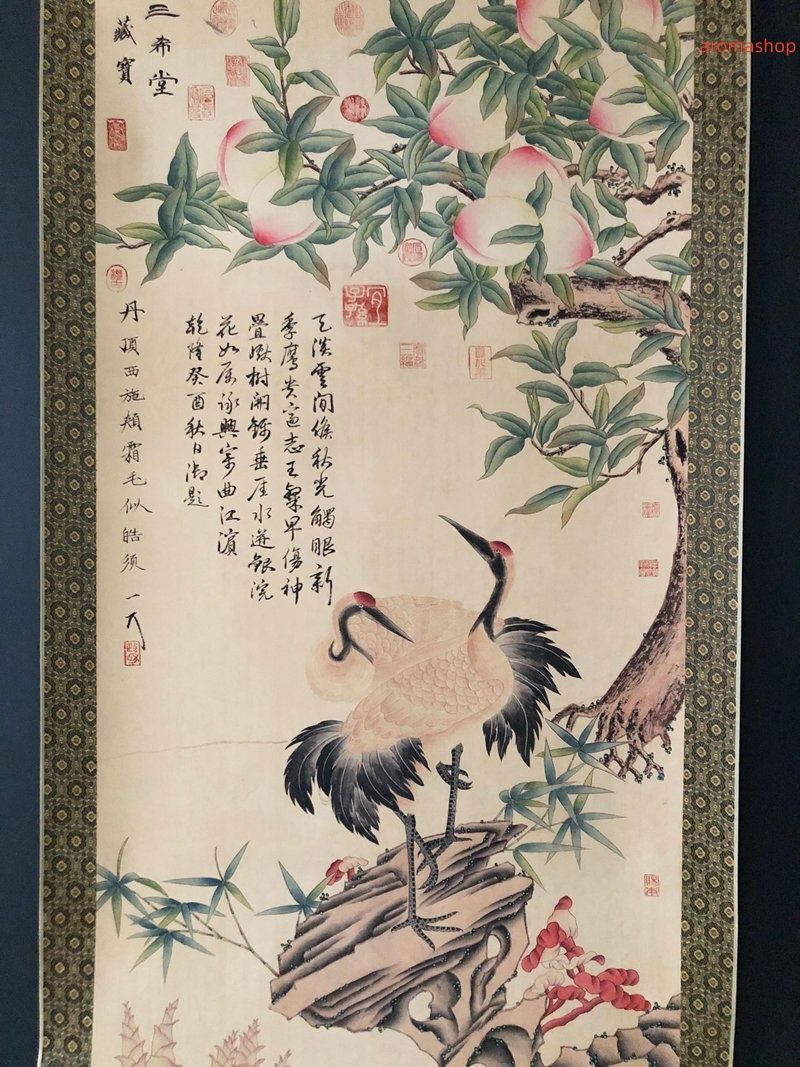 中国古美術・旧藏珍品・四尺中堂画・趙佶款・双鶴花鳥画・手描き・絹本・掛軸・水墨画 中国古美術・旧藏珍品・四尺中堂画・趙佶款・双鶴花鳥画・手描き