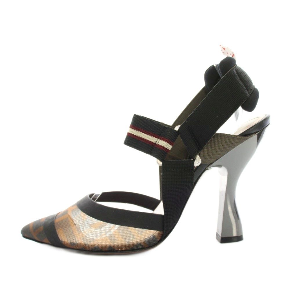 フェンディ FENDI コリブリ ライト ブラウンFFメッシュスリングバックシューズ サンダル アンクルストラップ ハイヒール ズッカ柄 36 黒 ブラック YT D