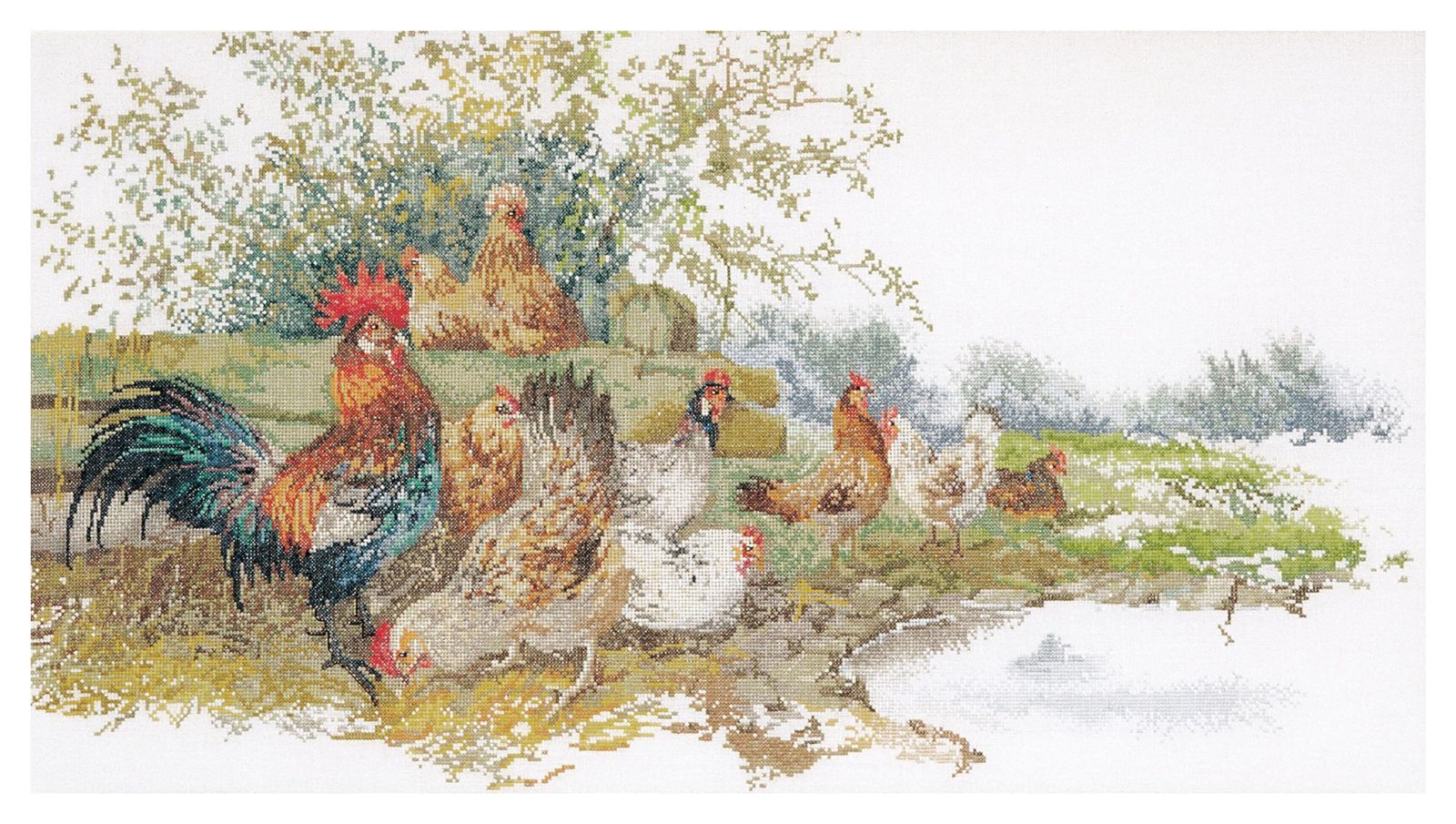 【人気】テア・グーベルヌール クロス・ステッチｷｯﾄ Chickens 白のｱｲｰﾀﾞ16カウント 大人向け ２０３８A