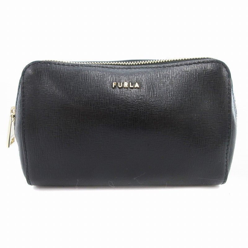 FURLA ブラックレザー ポーチ フルラ FURLA ポーチ ファスナー開閉 レザー ロゴ 黒 ブラック