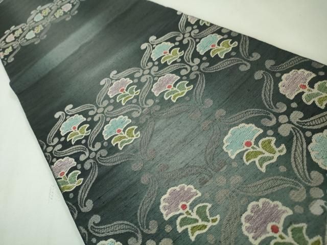 平和屋本店□極上 1854年創業 帯屋捨松 六通柄袋帯 紬地 草花文 証紙  