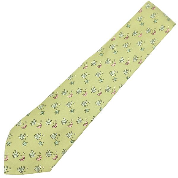 ☆未使用品☆HERMES エルメス ネクタイ グリーン系 フィッシュ柄 魚 エルメス HERMES ネクタイ 魚柄 9cm シルク ライトグリーン×マルチ