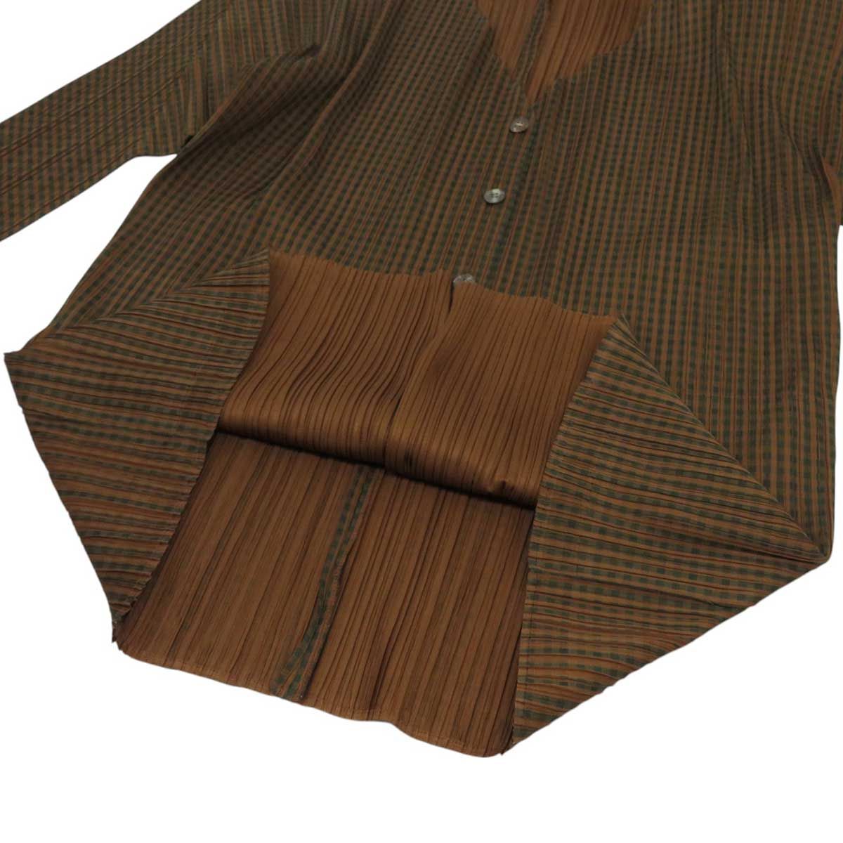 PLEATS PLEASE 長袖カーディガン ブラウン プリーツプリーズ プリーツ チェック カーディガン レディース