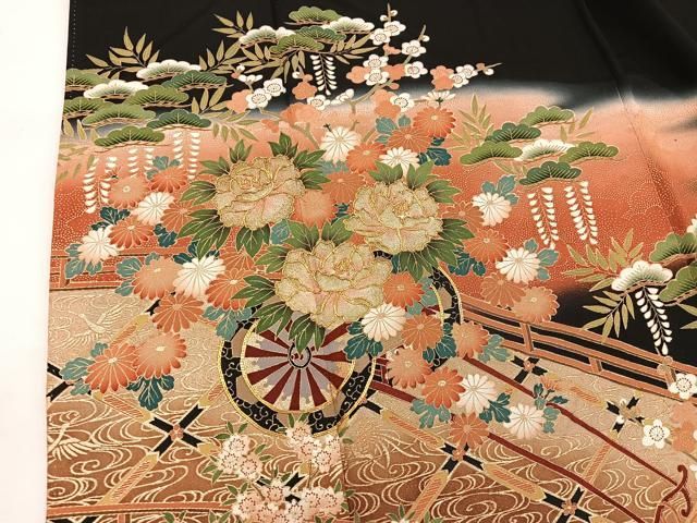 美品❇️豪華金彩駒刺繍　暈し染め　黒留め袖　フルセットA858 平和屋着物□豪華黒留袖 駒刺繍 渡橋花籠文 金彩 正絹 逸品