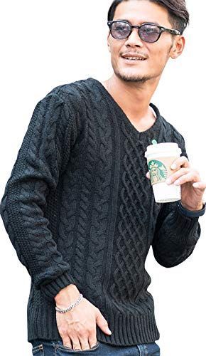 Size 46_Color ブラック ビッチ VICCI メンズ ユニセックス セーター ニット Vネック ケーブル編み 長袖 ストレッチ リブ VIBD15-08 46 L BLK ブラック