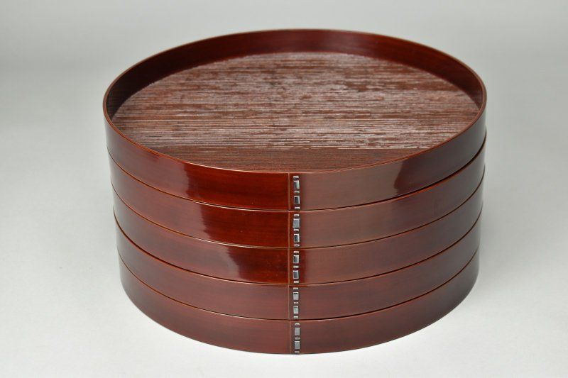 蔵A5153 京塗師 木村表斎 本堅地 片木目溜塗 会席膳 盆 五枚 共箱 幅36.3㎝