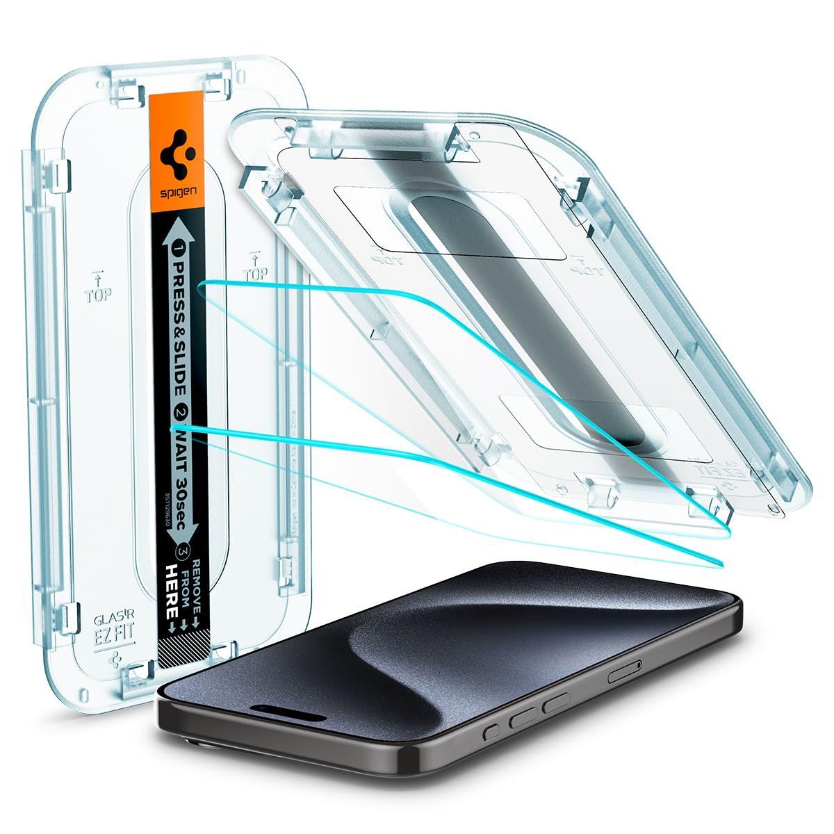 【在庫処分】保護フィルム ` iPhone iPhone 15 15 ` Pro Pro 対応 17年社歴の技術力 ワンタッチ EZ 自動吸着 Fit 2枚入 貼り付けキット 超耐久 ガラスフィルム 超簡単貼り付け Spigen
