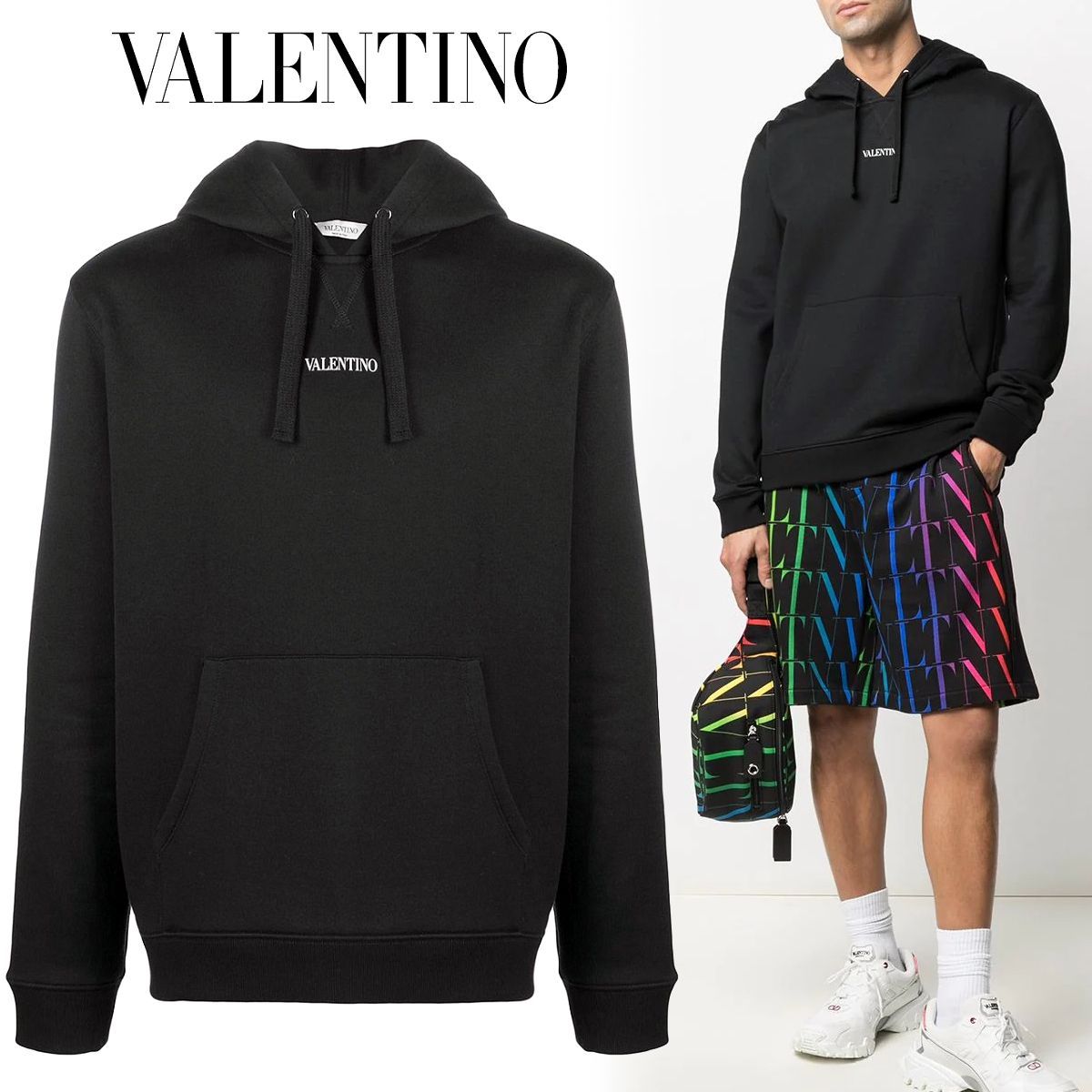 4 VALENTINO ブラック  ロゴプリント パーカー size M約625センチ袖丈