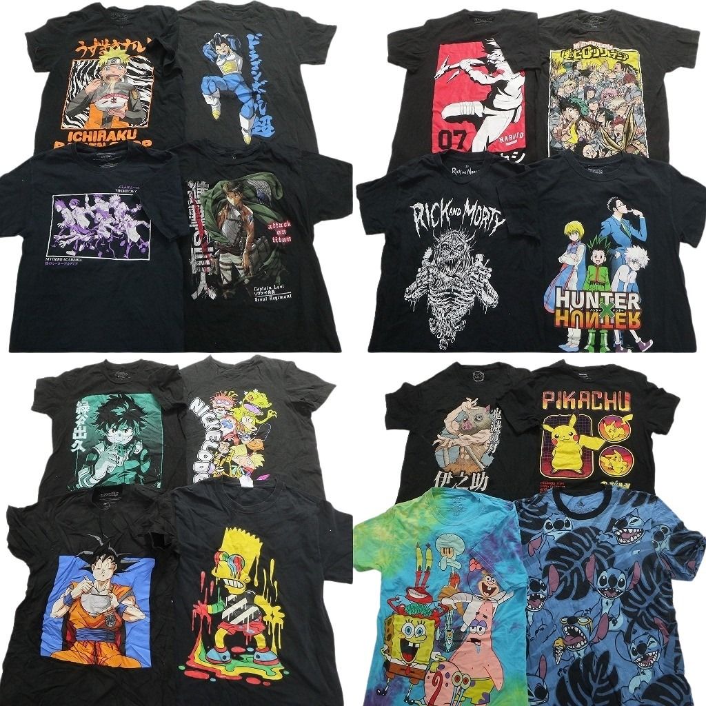 古着卸 まとめ売り キャラクター 半袖Tシャツ 16枚セット (メンズ S ) 進撃の巨人 ナルト 鬼滅の刃 ハンターハンター 中古 古着 MY8534