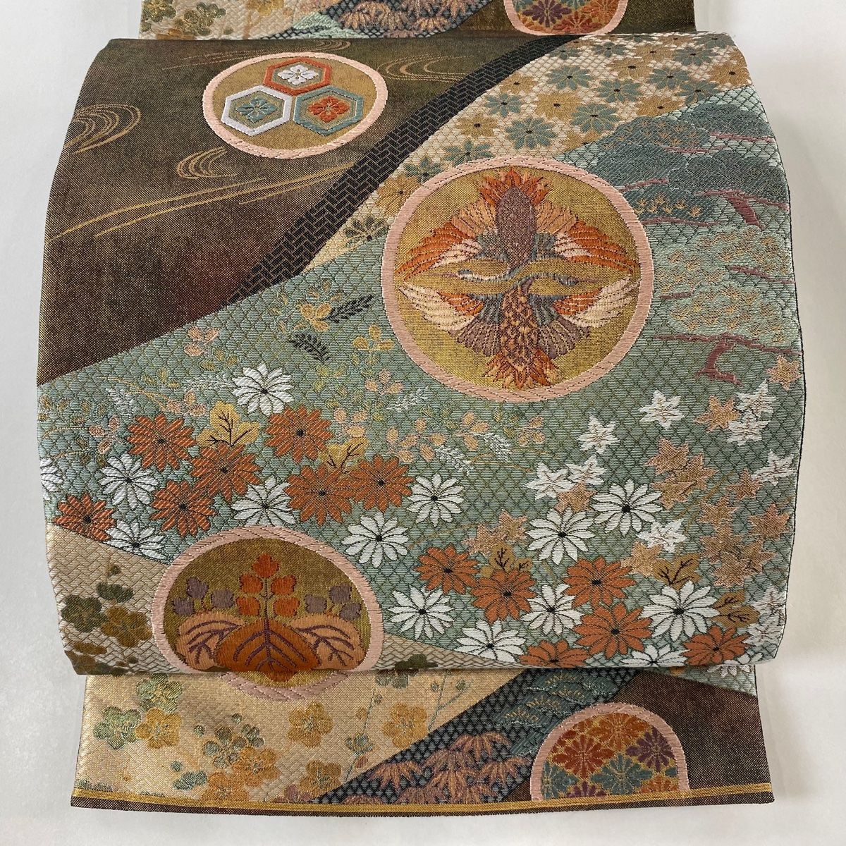 袋帯 秀品 桐竹鳳凰 松竹梅 箔 青灰色 六通 正絹 【中古