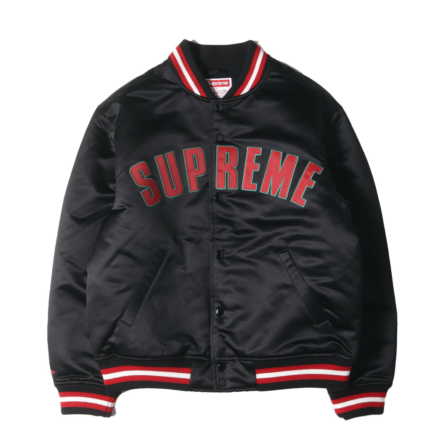 美品 Supreme シュプリーム ジャケット サイズ:M 21SS Mitchell u0026 Ness サテン バーシティ ジャケット / スタジャン (Satin Varsity Jacket) ブラック アウター ブルゾン ジャンパー コラボ【メンズ】