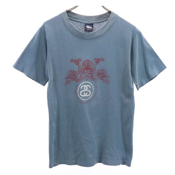ステューシー 90s USA製 紺タグ プリント 半袖 Tシャツ S 青系 STUSSY 