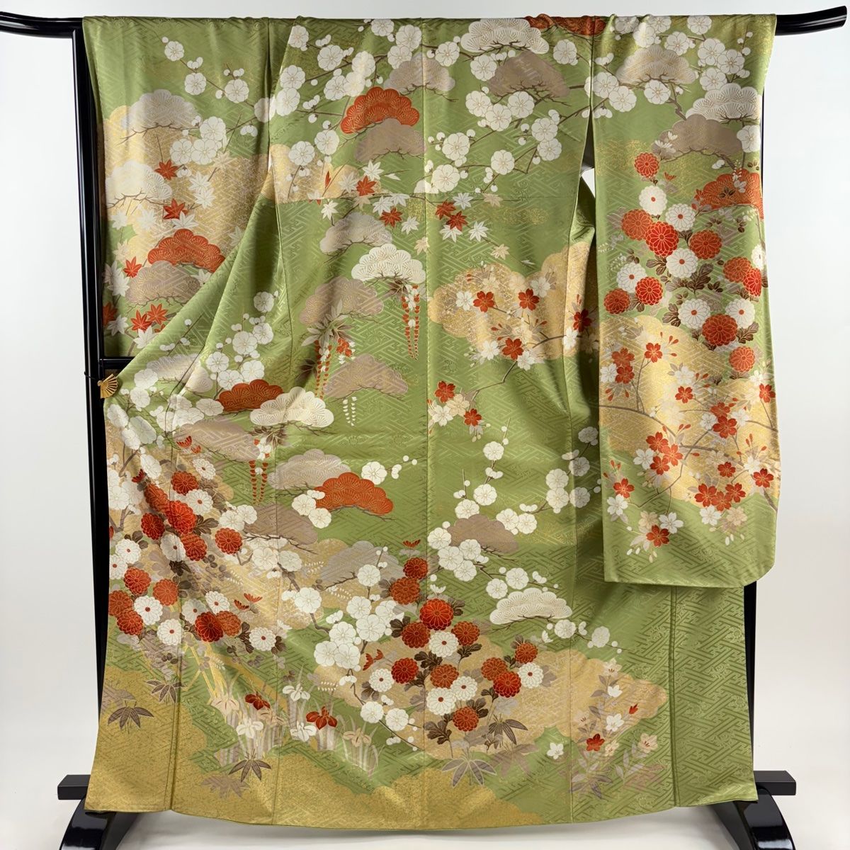 振袖 身丈167cm 裄丈69.5cm L 袷 松竹梅 菊 金彩 薄緑 正絹 秀品