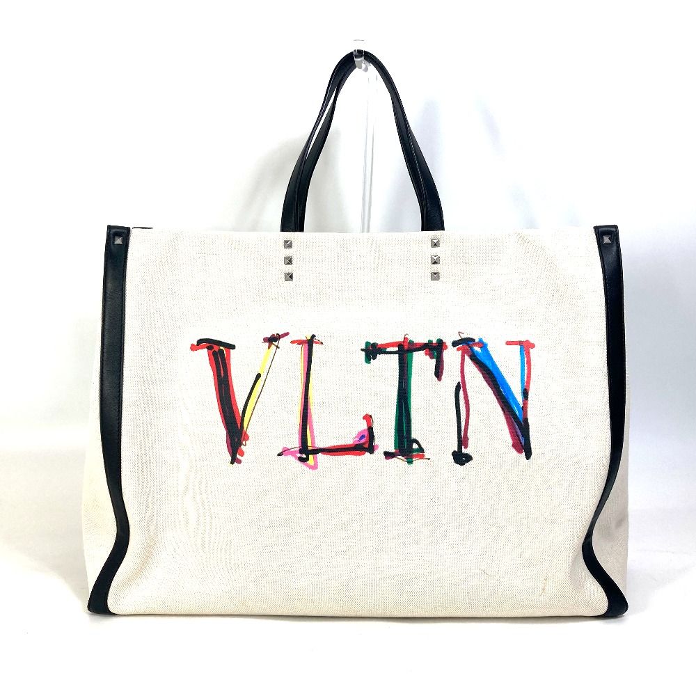ヴァレンティノ VALENTINO VLTN ロゴ スタッズ ショルダーバッグ トートバッグ レザー/キャンバス ベージュ