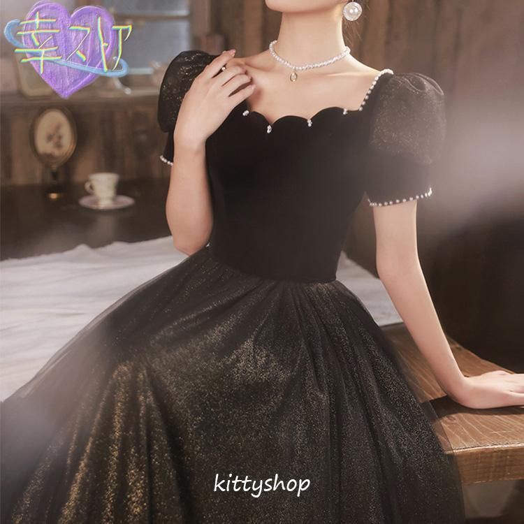 イブニングドレス パフスリーブ 黒 ロングドレス ブラック 発表会ドレス キレイめ シンプル エレガント パーティードレス D4jT863 NEXPOTALLINN_EU