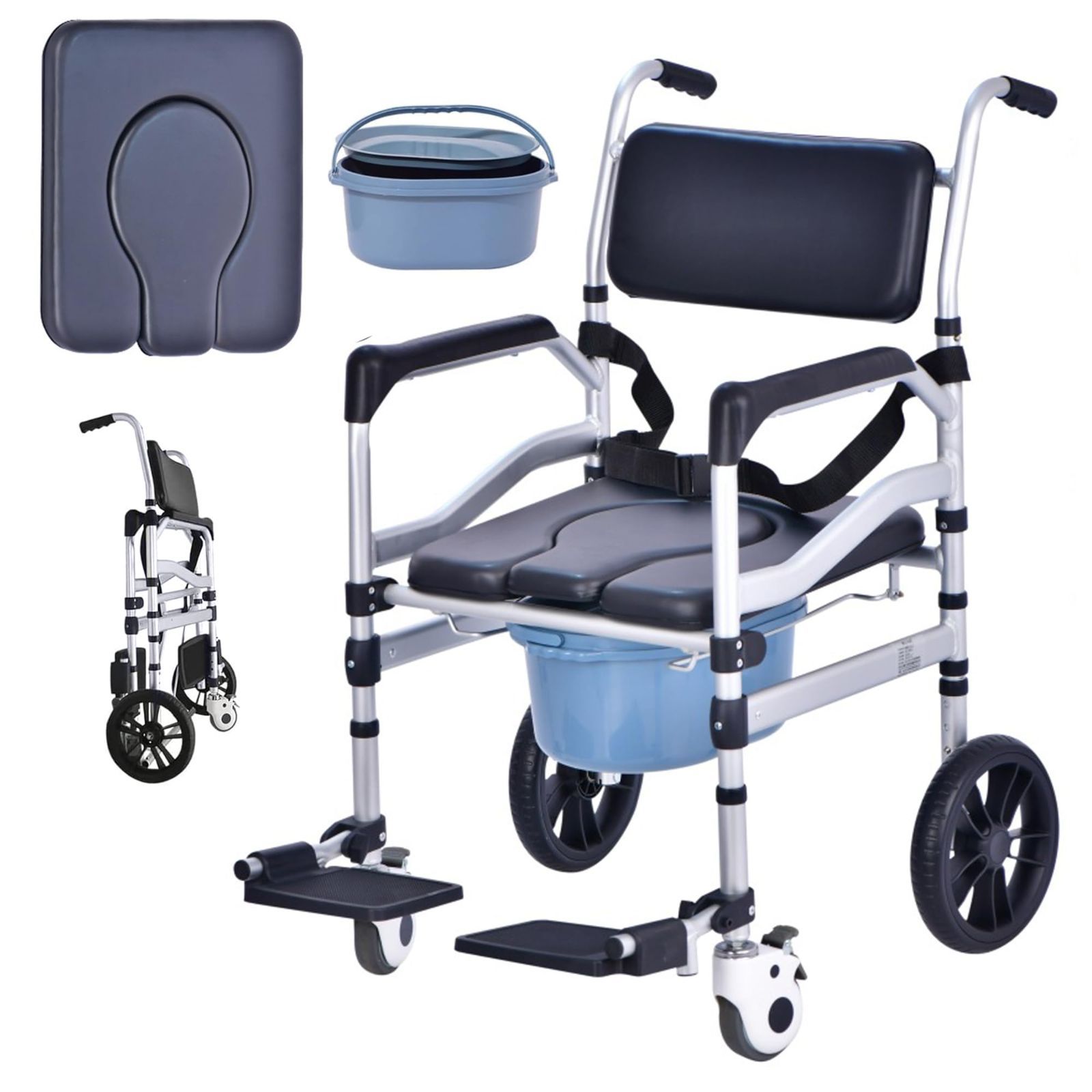 シャワー用 入浴 3つ高さ調整 U型シート シャワー車椅子 風呂 組立簡単 シャワーチェア 介護 ブラック 入浴用車いす シャワー 10inch 車椅子 YLOVABLE