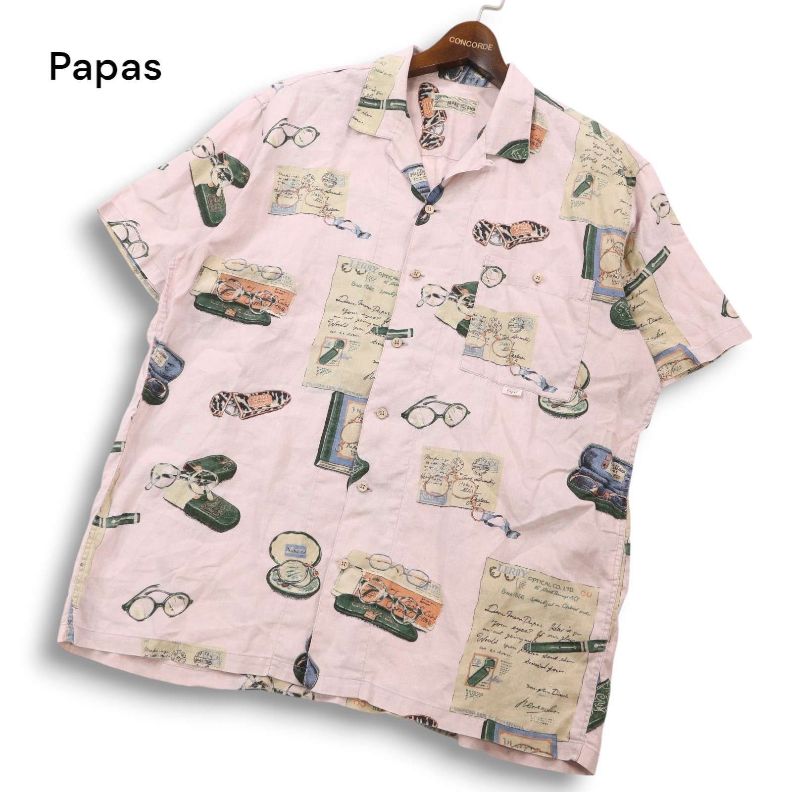 Papas パパス 春夏 ヴィンテージ風 メガネ&ポストカード総柄★ 麻100% 半袖 リネン アロハ シャツ Sz.L　メンズ 日本製 Papas パパス 春夏 ヴィンテージ風 メガネ&ポストカード総柄☆ 麻100