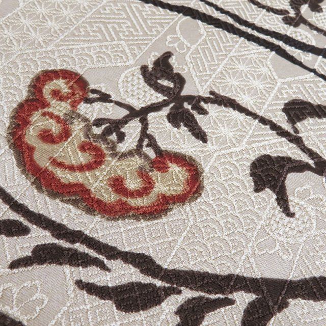 袋帯 中古 正絹 全通 花模様 地模様 割付文様 亜麻色 多色 A1146