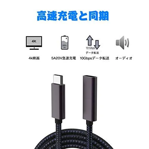 1m_グレー Stouchi USB C 延長ケーブル 1m USB 3.1 (Gen2 10Gbps) 高速