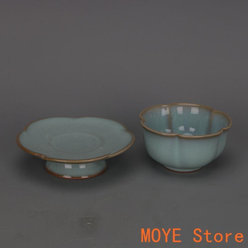 宋汝窯天青釉開片瓜稜蓮の葉口杯茶碗 景徳鎮 陶磁器 装飾品 工芸