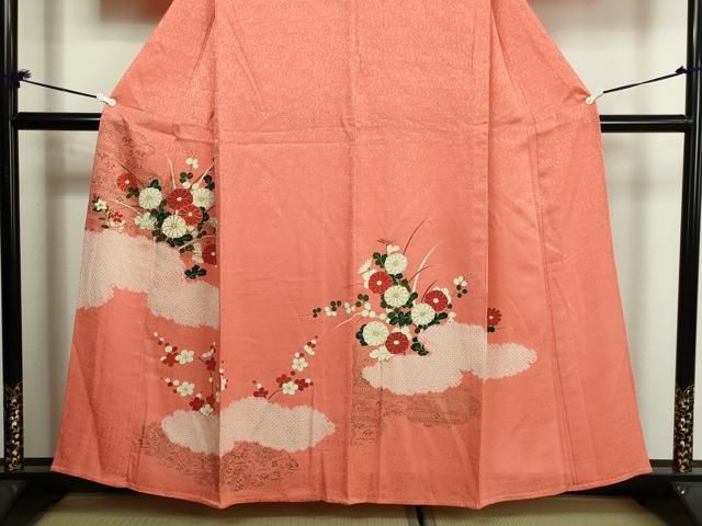 平和屋着物▽訪問着 単衣 駒刺繍 舞花文 金彩 正絹 逸品 未