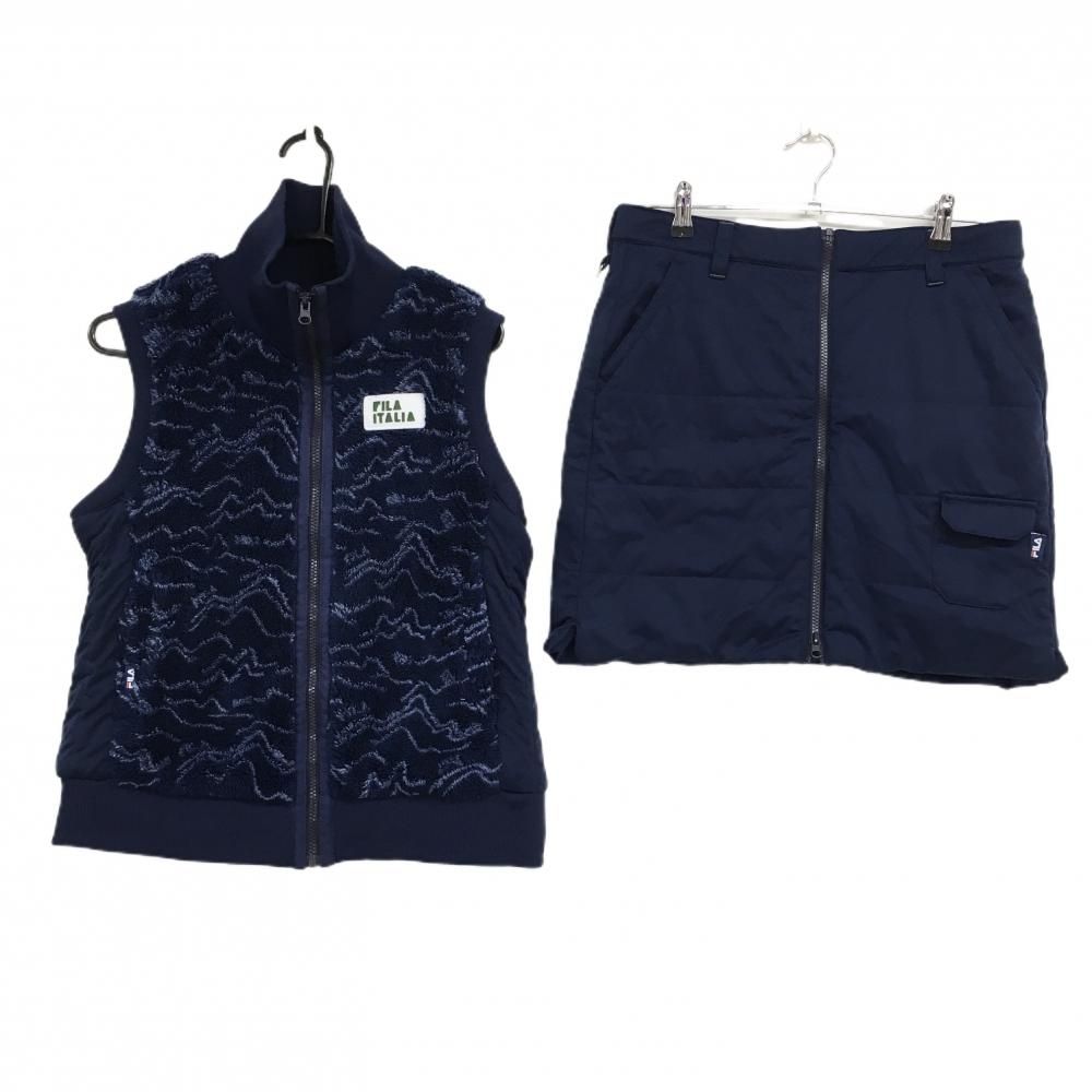超 フィラゴルフ 上下セット ボアベスト×中綿スカート ネイビー ボア総柄 蓄熱 レディース LL ゴルフウェア FILA GOLF