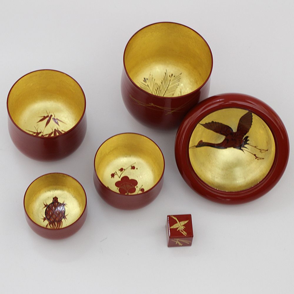 山中漆器 松茸盃セット 金箔工芸品 松竹梅鶴亀 ビンテージ