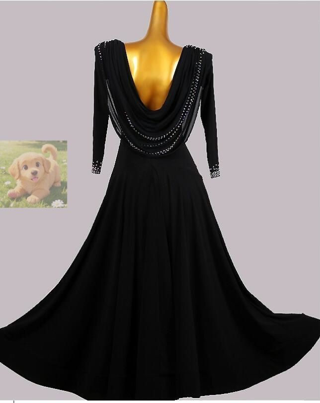 新入荷 上質 レディース社交ダンス衣装 魅力サイズセミオーダードレス モダンレッセン練習用高品質ワンピース 石飾 ブラック