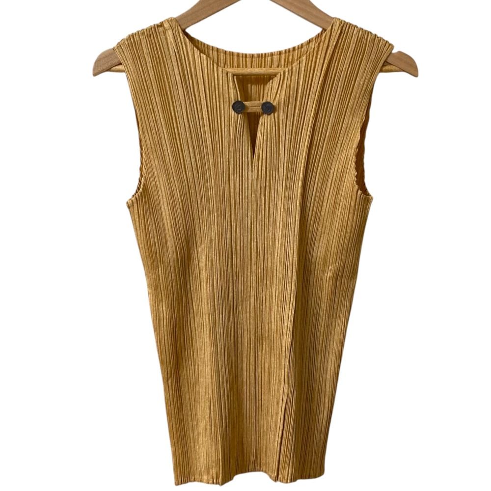 PLEATS PLEASE ISSEY MIYAKE プリーツプリーズ イッセイミヤケ ノースリーブ カットソー PP63-JK141 サイズ3 ゴールド レディース 古着