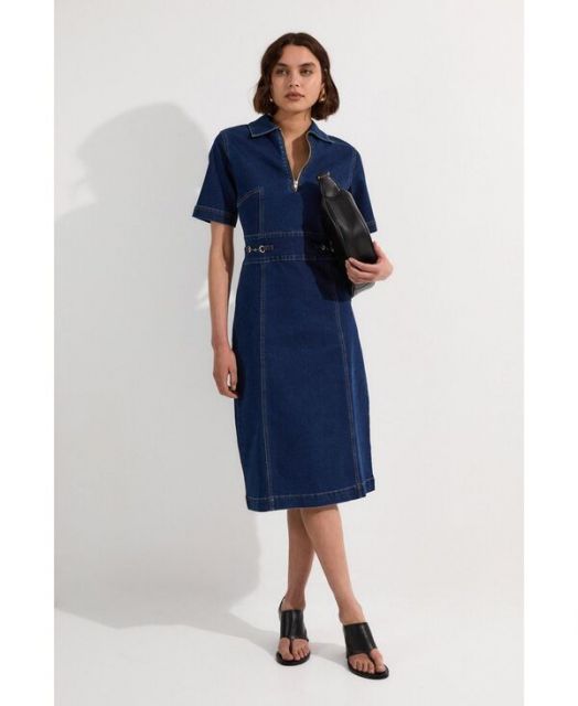 送料無料 カレンミレン レディース ワンピース トップス Women s Trim Collared Denim Midi Dress Mid wash