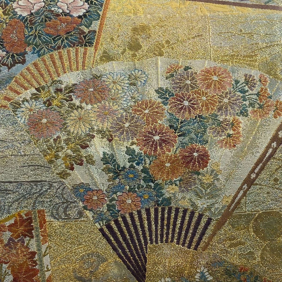 H-648 袋帯 正絹 お太鼓柄 金糸 箔 華模様 花丸模様 扇柄 金 袋帯 名品 琳派三十六華扇 金糸 箔 金色 お太鼓柄 正絹 【中古