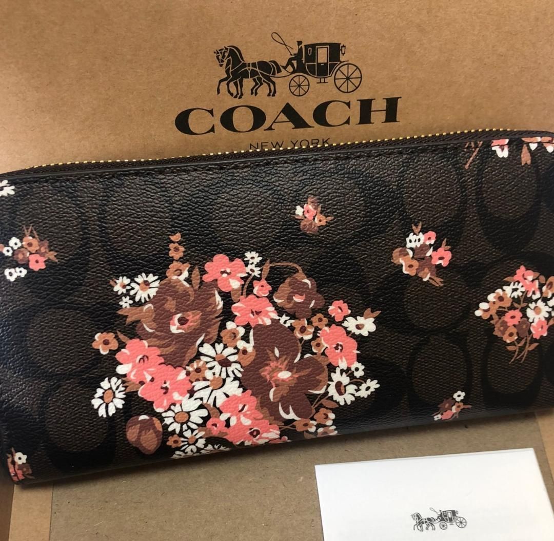 COACH 新品 レディース 花柄 長財布 茶 コーチ ブラウン 財布 104