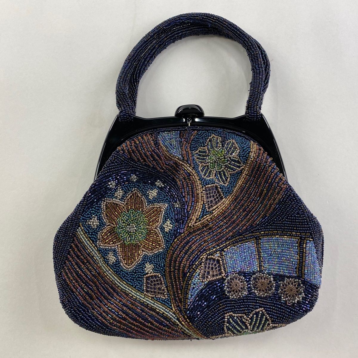 和装バッグ ビーズバッグ フォーマル 花 紺色 ビーズ 和装小物